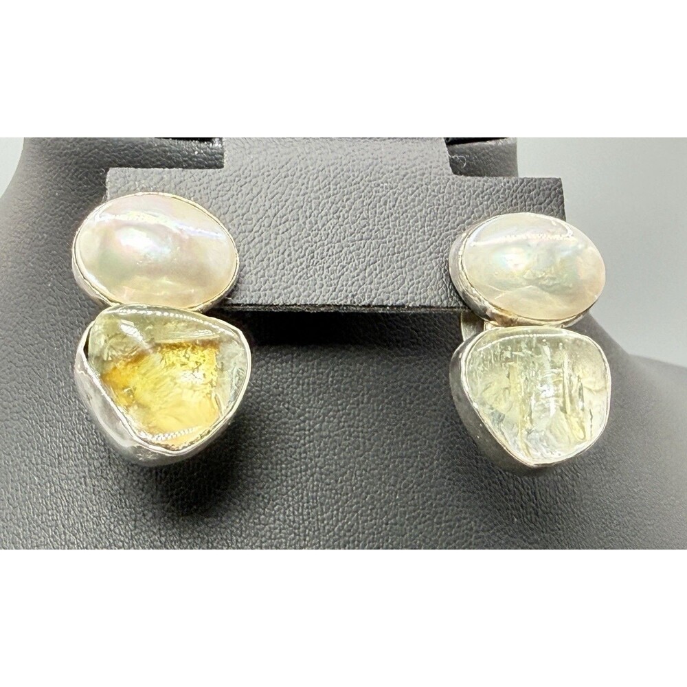 Rebecca Collins 925 Sterling Silver Pearl & Natural Gemstone Omega Back Earrings